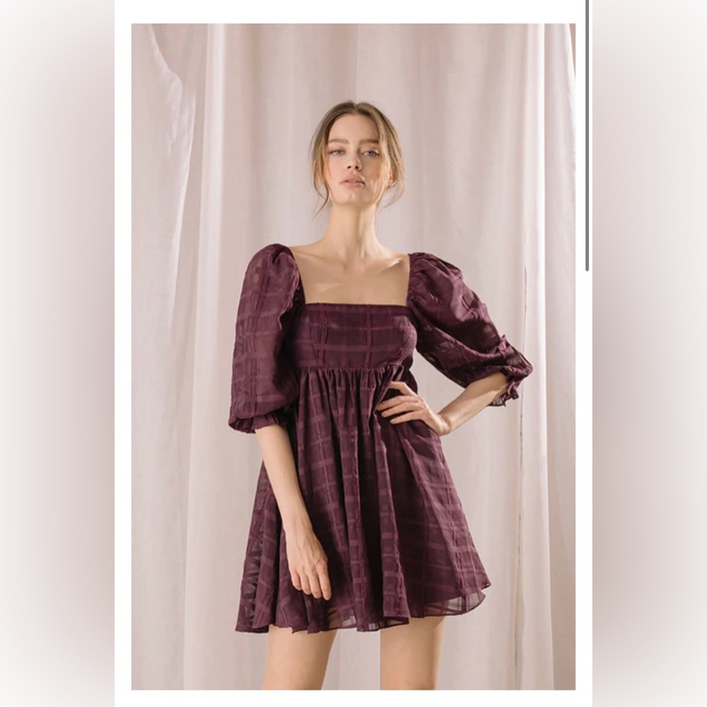 Storia Monochromatic Plaid Baby Doll Mini Purple Dress Size Small